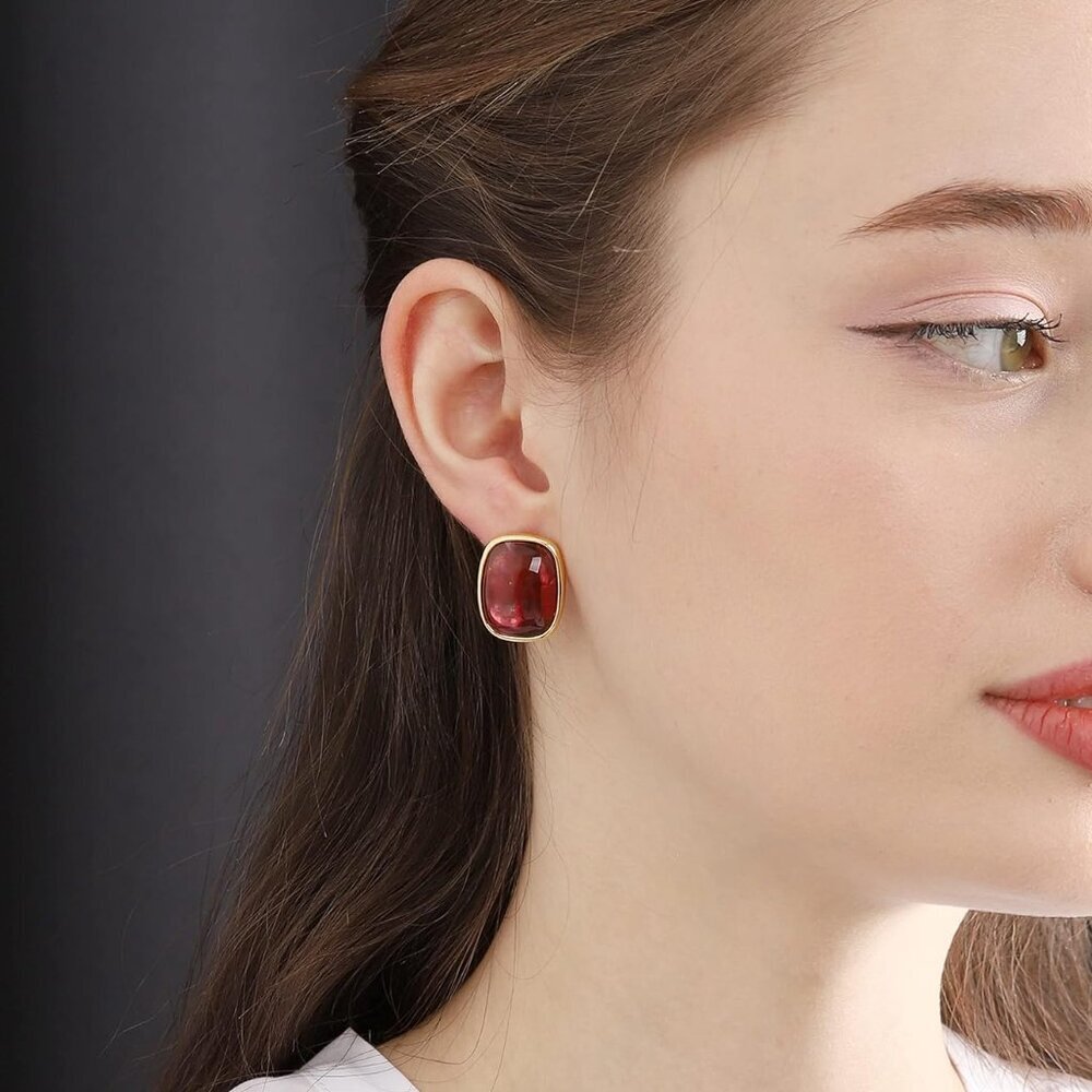 Rectangle Stud Earrings Abalone Amber Turquoise R… - image 3